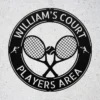 Personalized tennis racket metal sign in 16 gauge steel for sports wall decor, custom tennis plaque for players, gym, club and gift art.
