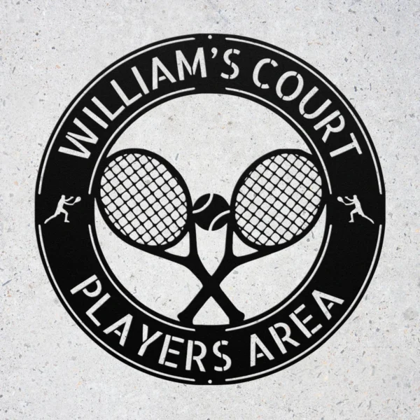 Personalized tennis racket metal sign in 16 gauge steel for sports wall decor, custom tennis plaque for players, gym, club and gift art.
