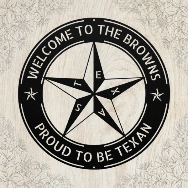 Personalized Texas Star metal sign in 16 gauge steel for rustic Lone Star wall decor, custom family name plaque for ranch, home and gift art.
