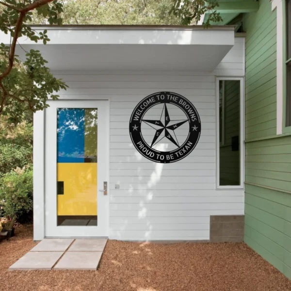 Personalized Texas Star metal sign in 16 gauge steel for rustic Lone Star wall decor, custom family name plaque for ranch, home and gift art.