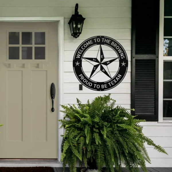 Personalized Texas Star metal sign in 16 gauge steel for rustic Lone Star wall decor, custom family name plaque for ranch, home and gift art.