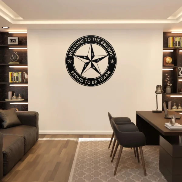 Personalized Texas Star metal sign in 16 gauge steel for rustic Lone Star wall decor, custom family name plaque for ranch, home and gift art.