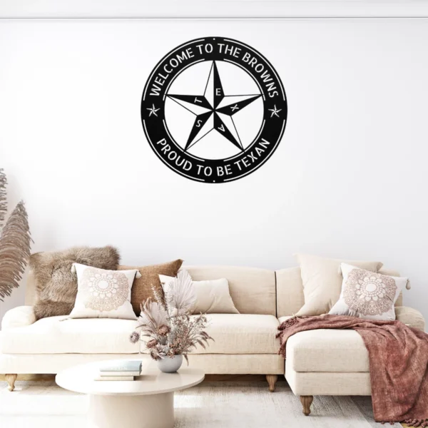 Personalized Texas Star metal sign in 16 gauge steel for rustic Lone Star wall decor, custom family name plaque for ranch, home and gift art.
