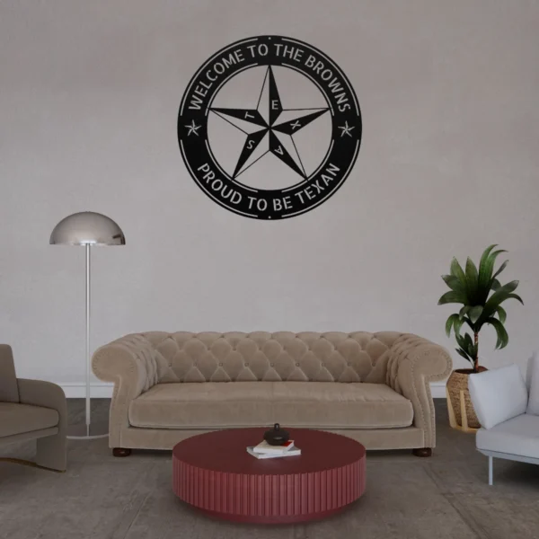 Personalized Texas Star metal sign in 16 gauge steel for rustic Lone Star wall decor, custom family name plaque for ranch, home and gift art.