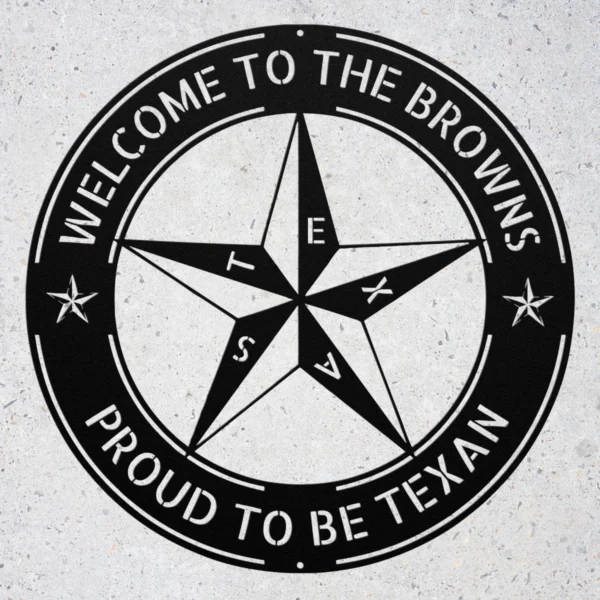 Personalized Texas Star metal sign in 16 gauge steel for rustic Lone Star wall decor, custom family name plaque for ranch, home and gift art.