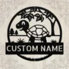 Personalized tortoise metal sign in 16 gauge steel for turtle wall decor, custom animal plaque for home, garden, and tortoise lover gift art.