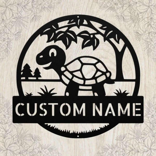 Personalized tortoise metal sign in 16 gauge steel for turtle wall decor, custom animal plaque for home, garden, and tortoise lover gift art.