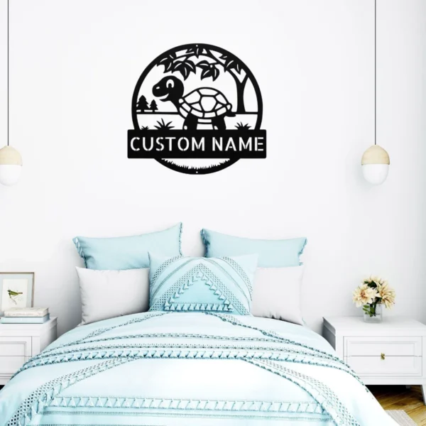 Personalized tortoise metal sign in 16 gauge steel for turtle wall decor, custom animal plaque for home, garden, and tortoise lover gift art.