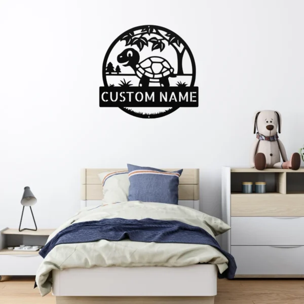 Personalized tortoise metal sign in 16 gauge steel for turtle wall decor, custom animal plaque for home, garden, and tortoise lover gift art.