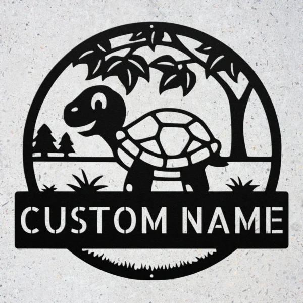 Personalized tortoise metal sign in 16 gauge steel for turtle wall decor, custom animal plaque for home, garden, and tortoise lover gift art.
