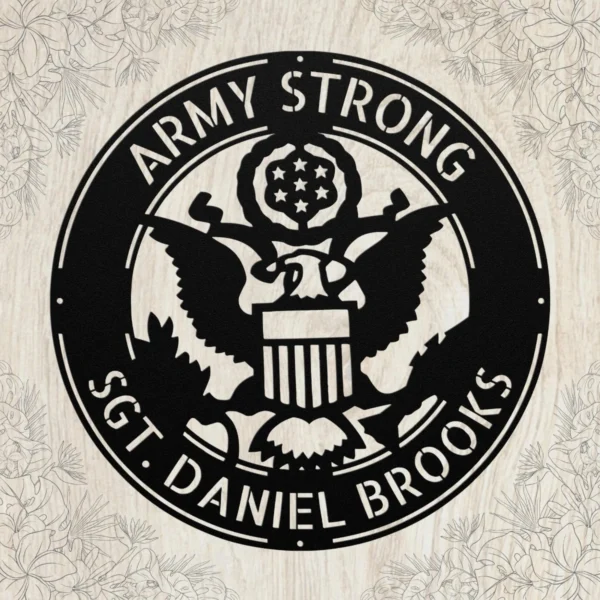 Personalized US Army metal sign in 16 gauge steel for military wall decor, custom veteran tribute plaque and patriotic home or office gift.