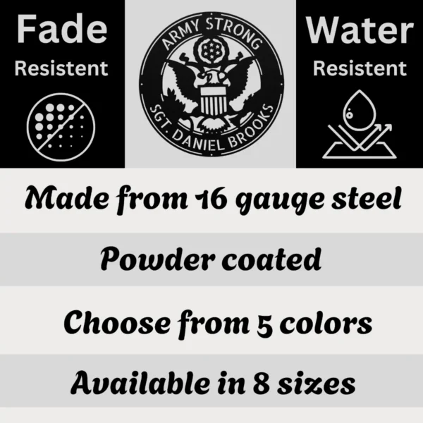 Personalized US Army metal sign in 16 gauge steel for military wall decor, custom veteran tribute plaque and patriotic home or office gift.