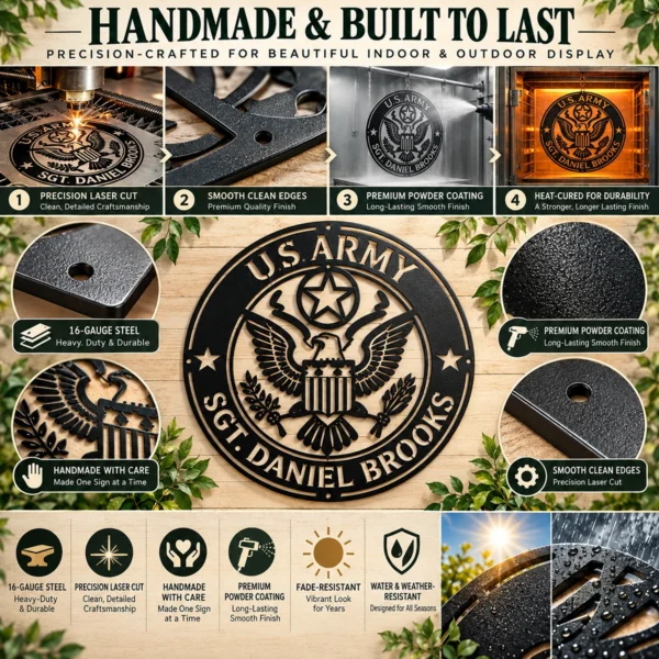 Personalized US Army metal sign in 16 gauge steel for military wall decor, custom veteran tribute plaque and patriotic home or office gift.