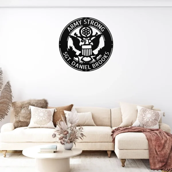 Personalized US Army metal sign in 16 gauge steel for military wall decor, custom veteran tribute plaque and patriotic home or office gift.