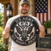 Personalized US Army metal sign in 16 gauge steel for military wall decor, custom veteran tribute plaque and patriotic home or office gift.