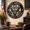 Personalized US Army metal sign in 16 gauge steel for military wall decor, custom veteran tribute plaque and patriotic home or office gift.