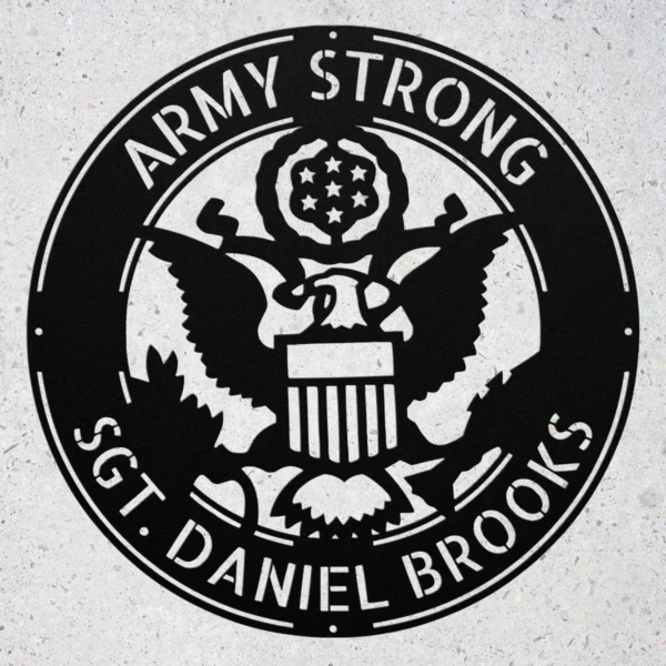 Personalized US Army metal sign in 16 gauge steel for military wall decor, custom veteran tribute plaque and patriotic home or office gift.