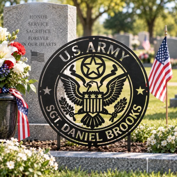 Personalized US Army metal sign in 16 gauge steel for military wall decor, custom veteran tribute plaque and patriotic home or office gift.