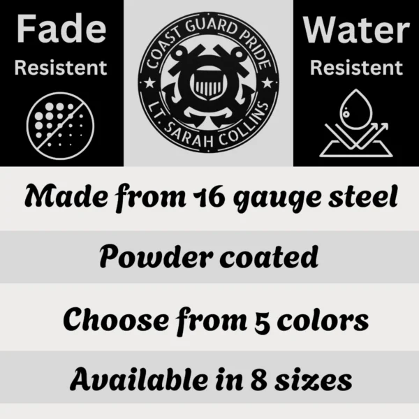 Personalized US Coast Guard metal sign in 16 gauge steel for maritime wall decor, custom veteran plaque and patriotic home or office gift.