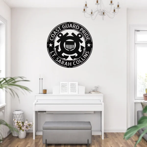 Personalized US Coast Guard metal sign in 16 gauge steel for maritime wall decor, custom veteran plaque and patriotic home or office gift.