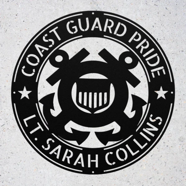 Personalized US Coast Guard metal sign in 16 gauge steel for maritime wall decor, custom veteran plaque and patriotic home or office gift.