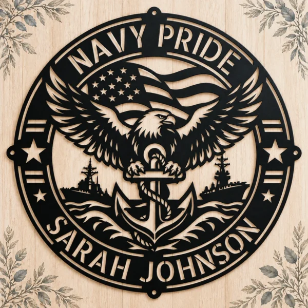 Personalized US Navy metal sign in 16 gauge steel for military wall decor, custom sailor plaque and patriotic home or office gift.