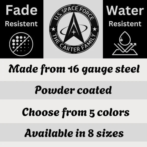 Personalized Us Space Force Metal Sign Custom Emblem Wall Decor Personalized US Space Force metal sign in 16 gauge steel for military wall decor, custom emblem plaque and patriotic home or office gift.