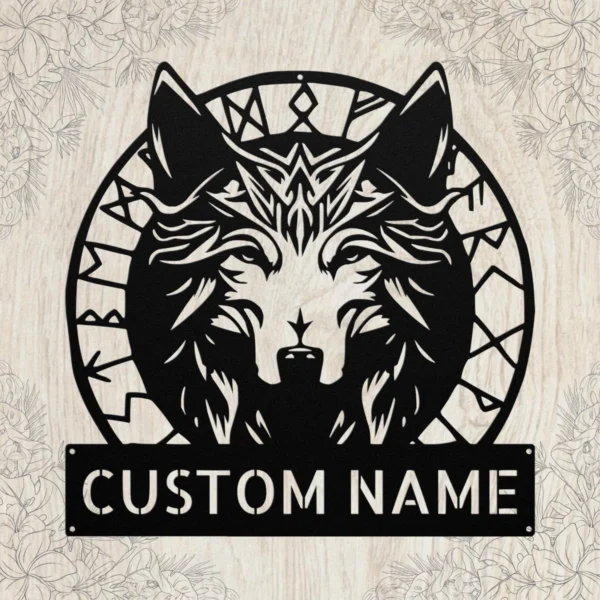Personalized Viking wolf metal sign in 16 gauge steel for Norse wall decor, personalized Viking art plaque for wolf lovers, cabins, and man caves.