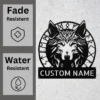 Personalized Viking wolf metal sign in 16 gauge steel for Norse wall decor, personalized Viking art plaque for wolf lovers, cabins, and man caves.