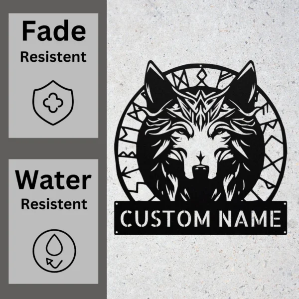 Personalized Viking wolf metal sign in 16 gauge steel for Norse wall decor, personalized Viking art plaque for wolf lovers, cabins, and man caves.
