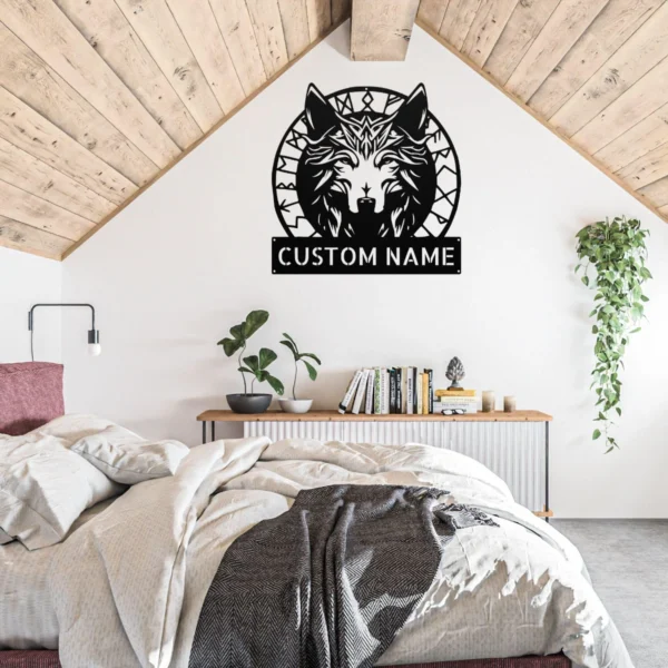 Personalized Viking wolf metal sign in 16 gauge steel for Norse wall decor, personalized Viking art plaque for wolf lovers, cabins, and man caves.