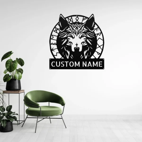 Personalized Viking wolf metal sign in 16 gauge steel for Norse wall decor, personalized Viking art plaque for wolf lovers, cabins, and man caves.