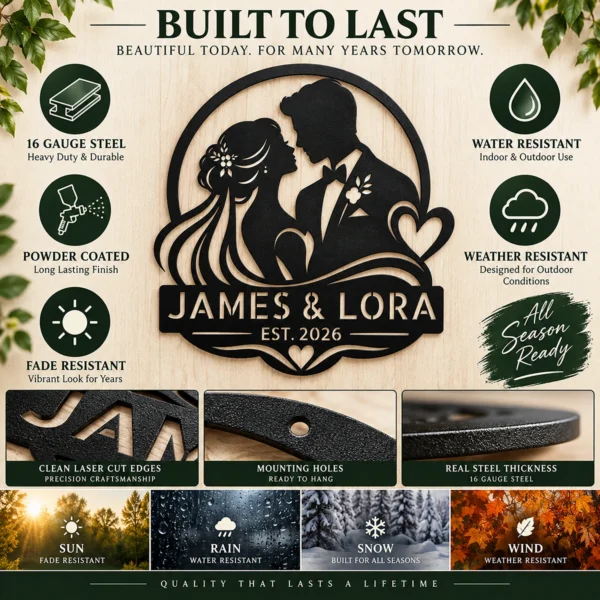 Personalized Wedding Metal Art Sign Custom Marriage Wall Decor Personalized wedding metal art sign in 16 gauge steel for marriage wall decor, custom couple plaque for wedding, bridal and engagement gift art.