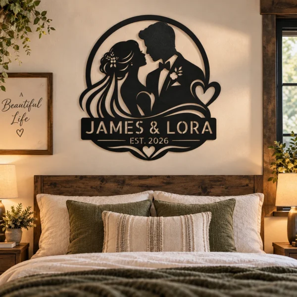 Personalized Wedding Metal Art Sign Custom Marriage Wall Decor Personalized wedding metal art sign in 16 gauge steel for marriage wall decor, custom couple plaque for wedding, bridal and engagement gift art.