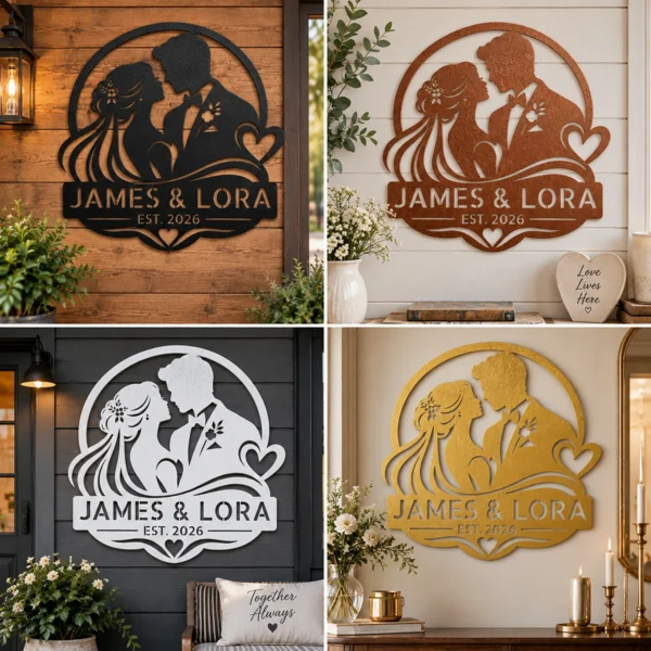 Personalized Wedding Metal Art Sign Custom Marriage Wall Decor Personalized wedding metal art sign in 16 gauge steel for marriage wall decor, custom couple plaque for wedding, bridal and engagement gift art.