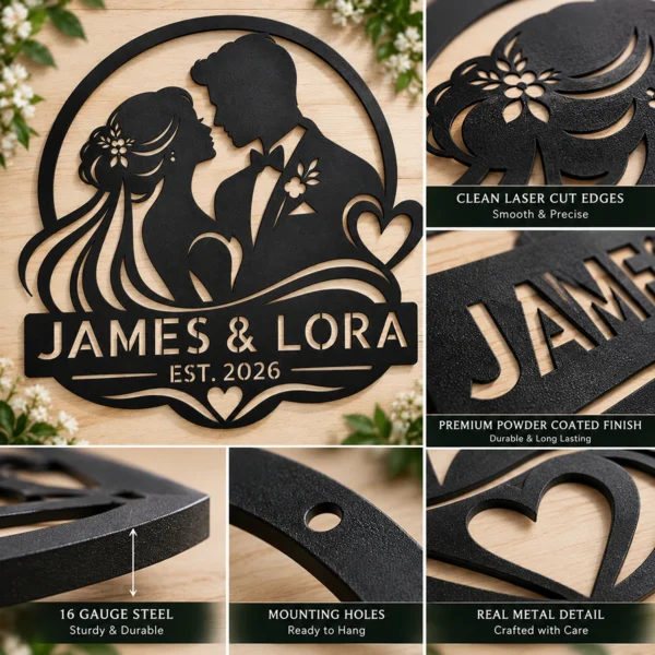 Personalized Wedding Metal Art Sign Custom Marriage Wall Decor Personalized wedding metal art sign in 16 gauge steel for marriage wall decor, custom couple plaque for wedding, bridal and engagement gift art.