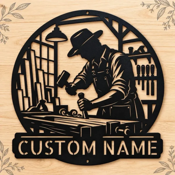Personalized Woodworking Metal Sign Carpenter Shop Wall Decor Personalized woodworking metal sign in 16 gauge steel for carpenter shop wall decor, custom workshop plaque and woodworker gift art.