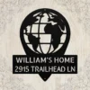 Personalized World Map Metal Art Sign Home Address Wall Decor Personalized world map metal sign in 16 gauge steel for home address wall decor, custom house number plaque for entryway, modern gift art.
