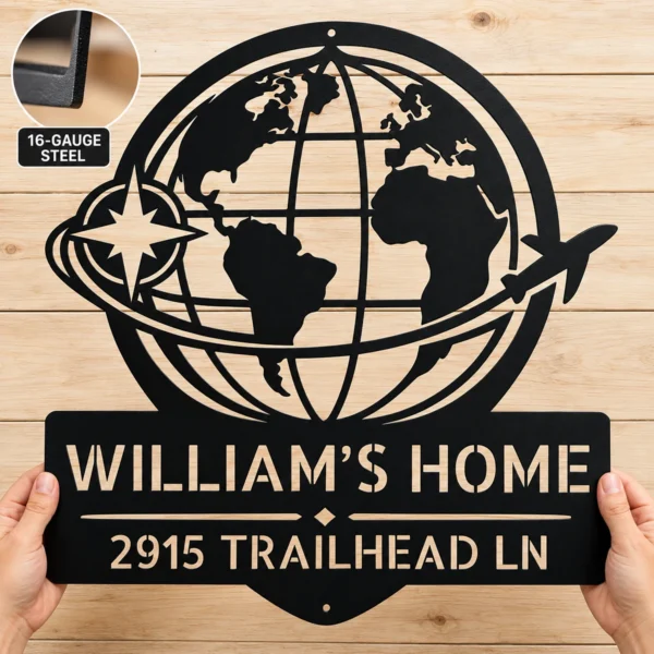 Personalized World Map Metal Art Sign Home Address Wall Decor Personalized World Map Metal Art Sign in 16 gauge steel for home address wall decor, custom house number plaque for entryway, modern gift art.