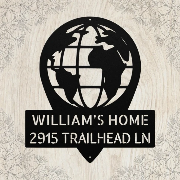 Personalized World Map Metal Art Sign Home Address Wall Decor Personalized world map metal sign in 16 gauge steel for home address wall decor, custom house number plaque for entryway, modern gift art.