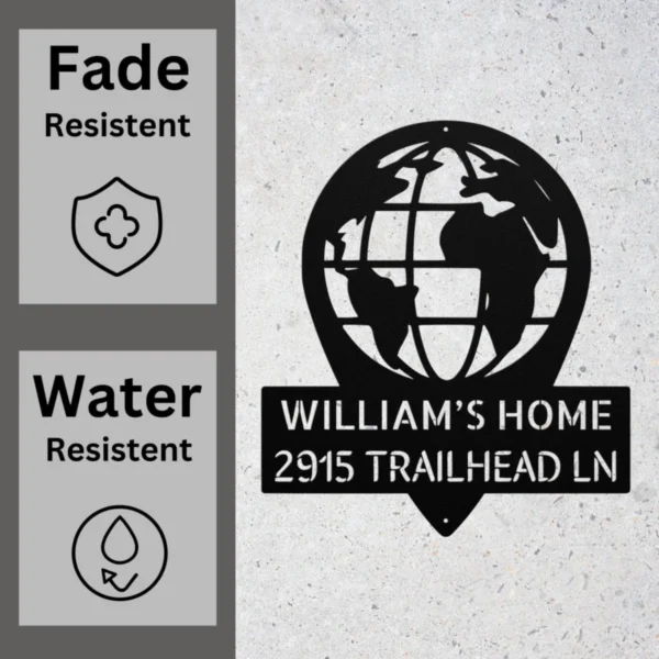 Personalized World Map Metal Art Sign Home Address Wall Decor Personalized world map metal sign in 16 gauge steel for home address wall decor, custom house number plaque for entryway, modern gift art.