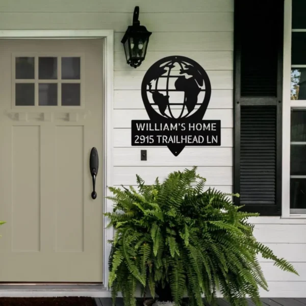 Personalized World Map Metal Art Sign Home Address Wall Decor Personalized world map metal sign in 16 gauge steel for home address wall decor, custom house number plaque for entryway, modern gift art.