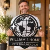 Personalized World Map Metal Art Sign Home Address Wall Decor Personalized World Map Metal Art Sign in 16 gauge steel for home address wall decor, custom house number plaque for entryway, modern gift art.