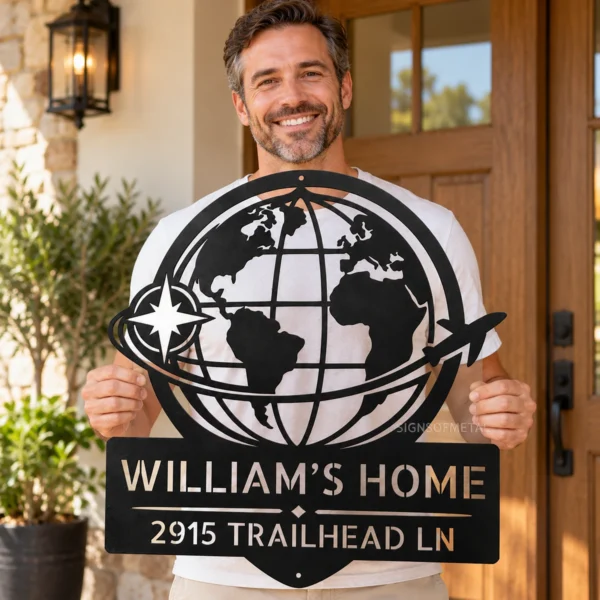 Personalized World Map Metal Art Sign Home Address Wall Decor Personalized World Map Metal Art Sign in 16 gauge steel for home address wall decor, custom house number plaque for entryway, modern gift art.