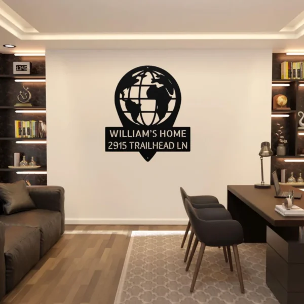 Personalized World Map Metal Art Sign Home Address Wall Decor Personalized world map metal sign in 16 gauge steel for home address wall decor, custom house number plaque for entryway, modern gift art.