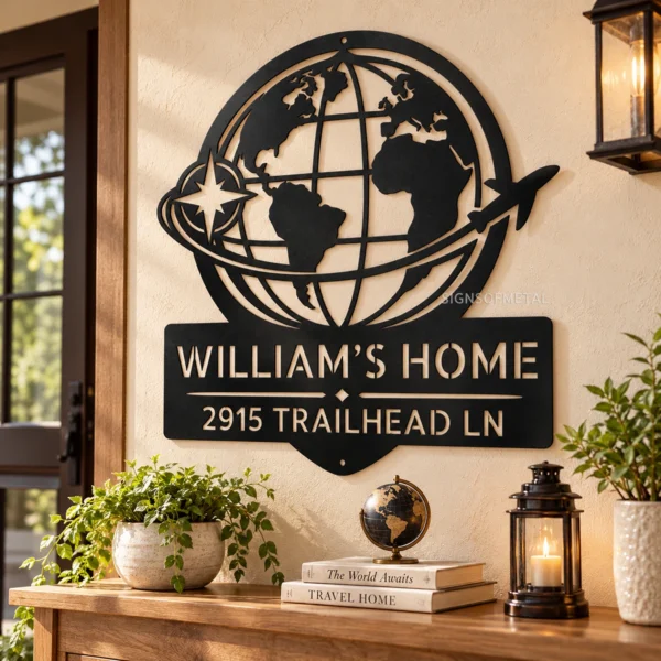 Personalized World Map Metal Art Sign Home Address Wall Decor Personalized World Map Metal Art Sign in 16 gauge steel for home address wall decor, custom house number plaque for entryway, modern gift art.