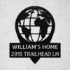 Personalized World Map Metal Art Sign Home Address Wall Decor Personalized world map metal sign in 16 gauge steel for home address wall decor, custom house number plaque for entryway, modern gift art.
