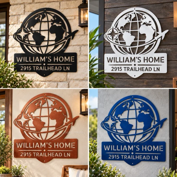 Personalized World Map Metal Art Sign Home Address Wall Decor Personalized World Map Metal Art Sign in 16 gauge steel for home address wall decor, custom house number plaque for entryway, modern gift art.