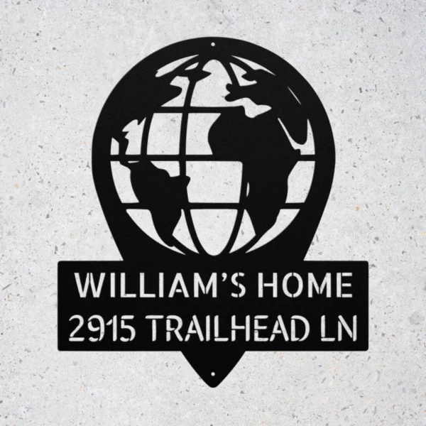 Personalized World Map Metal Art Sign Home Address Wall Decor Personalized world map metal sign in 16 gauge steel for home address wall decor, custom house number plaque for entryway, modern gift art.