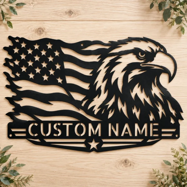 Custom American Eagle Metal Sign Personalized Name Patriotic Wall Art Decor Gift Custom American eagle metal sign in 16 gauge steel with personalized name for patriotic wall decor, home, garage, workshop, office and gift art.